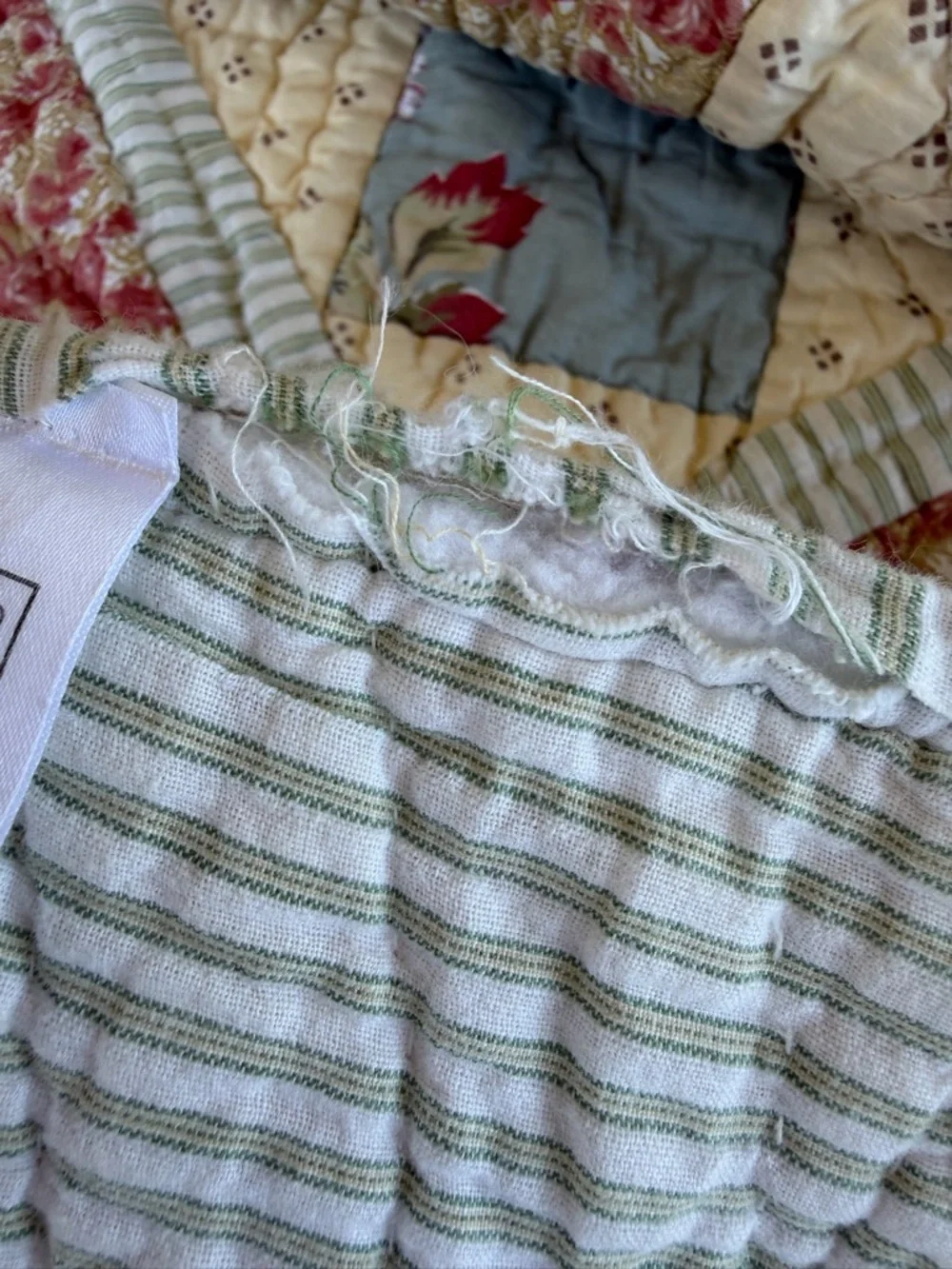 L.L. Bean Patchwork Country Quilt Reversible Floral Ticking Stripe Gauzy FLAWS